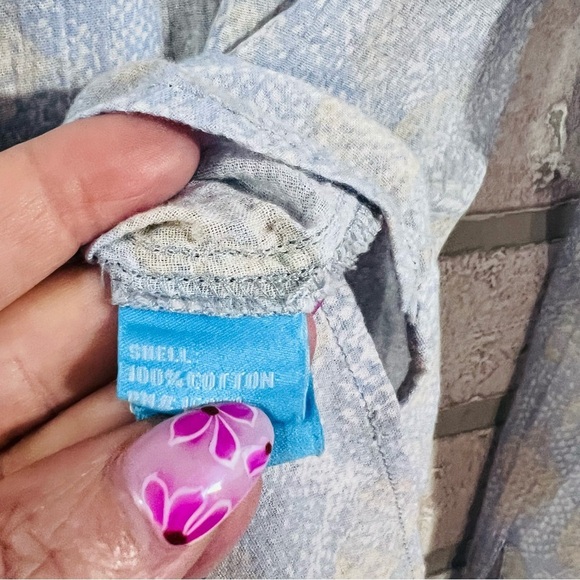 J. McLaughlin Lois Long Sleeve Button Down Shirt in Blue Tan Print Size 12 - Picture 7 of 7